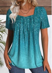 Peacock Blue Leaf Print Short Sleeve T Shirt