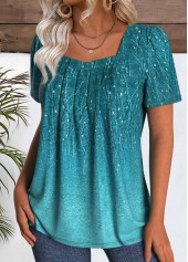 Peacock Blue Leaf Print Short Sleeve T Shirt | thumb picture 