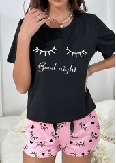 Black Letter Print Short Sleeve Lounge Top and Shorts