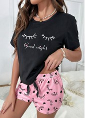Black Letter Print Short Sleeve Lounge Top and Shorts | thumb picture 