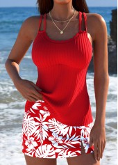 Mid Waisted Tropical Plants Print Red Tankini Set