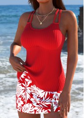 Mid Waisted Tropical Plants Print Red Tankini Set | thumb picture 