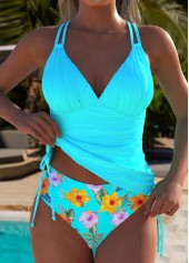 Mid Waisted Tropical Plants Print Cyan Tankini Set