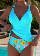 Mid Waisted Tropical Plants Print Cyan Tankini Set | thumb picture 