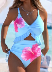 Floral Print Light Blue One Piece Swimwear