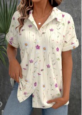 Beige Ditsy Floral Print Short Sleeve Shirt Collar Blouse