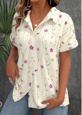 Beige Ditsy Floral Print Short Sleeve Shirt Collar Blouse | thumb picture 