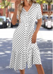 White Polka Dot Short Sleeve V Neck Dress