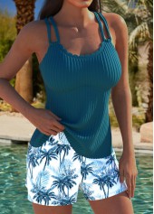 Mid Waisted Tropical Plants Print Peacock Blue Tankini Set | thumb picture 