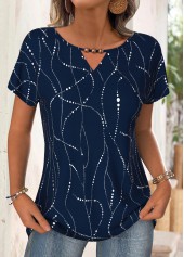 Navy Geometric Print Short Sleeve Round Neck T Shirt