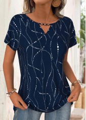 Navy Geometric Print Short Sleeve Round Neck T Shirt | thumb picture 