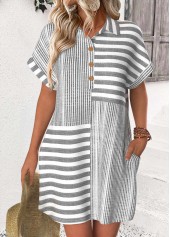 Light Grey Striped Short Shirt Collar Dress