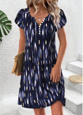 Navy Geometric Print Short Split Neck Dress