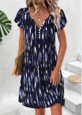 Navy Geometric Print Short Split Neck Dress | thumb picture 