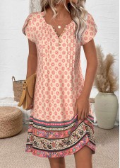 Multi Color Random Floral Print Short Split Neck Dress