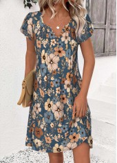 Multi Color Floral Print Short Split Neck Dress