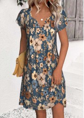 Multi Color Floral Print Short Split Neck Dress | thumb picture 