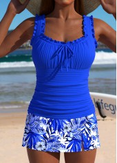 Mid Waisted Tropical Plants Print Royal Blue Tankini Set