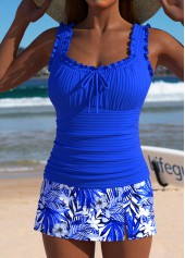 Mid Waisted Tropical Plants Print Royal Blue Tankini Set | thumb picture 