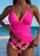 Mid Waisted Tropical Plants Print Hot Pink Tankini Set | thumb picture 