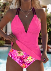 Mid Waisted Floral Print Hot Pink Tankini Set