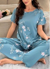 Peacock Blue Floral Print Lounge Top and Pants