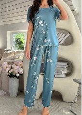 Peacock Blue Floral Print Lounge Top and Pants | thumb picture 