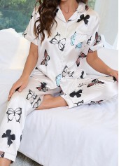 White Butterfly Print Short Sleeve Lounge Top and Pants