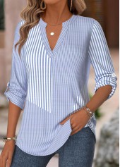 Blue Striped 3/4 Sleeve Split Neck Shirt