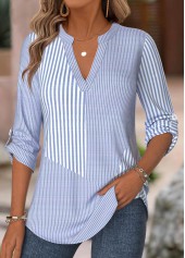 Blue Striped 3/4 Sleeve Split Neck Shirt | thumb picture 