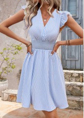 Light Blue Striped Short V Neck Dress | thumb picture 