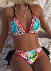 Mid Waisted Tropical Plants Print Red Bikini Set