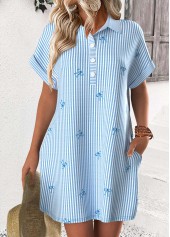 Light Blue Tummy Coverage Striped Short Shirt Collar Dress