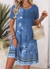 Denim Blue Tribal Print Short Sleeve Round Neck Dress
