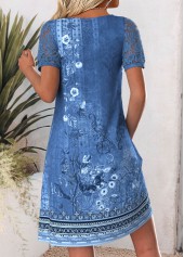 Denim Blue Tribal Print Short Sleeve Round Neck Dress | thumb picture 