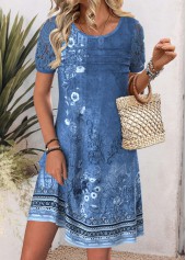 Denim Blue Tribal Print Short Sleeve Round Neck Dress | thumb picture 