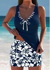 Mid Waisted Tropical Plants Print Navy Tankini Set | thumb picture 