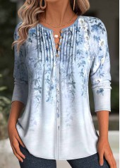 Light Blue Floral Print Long Sleeve T Shirt
