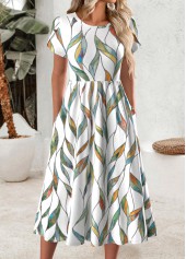 Multi Color Leaf Print Short Sleeve Round Neck Dress | thumb picture 