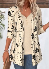 Beige Leaf Print 3/4 Sleeve Light Cardigan | thumb picture 