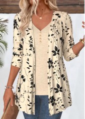 Beige Leaf Print 3/4 Sleeve Light Cardigan