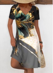 Multi Color Random Floral Print Short Sleeve Dress