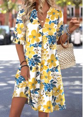 Multi Color Floral Print Short Half Sleeve Dress