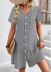 Black Plaid Short Sleeve V Neck Dress