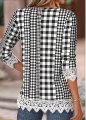 Black Gingham Print Long Sleeve Split Neck T Shirt | thumb picture 