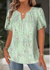 Light Green Geometric Print Short Sleeve Split Neck Blouse