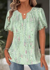 Light Green Geometric Print Short Sleeve Split Neck Blouse | thumb picture 