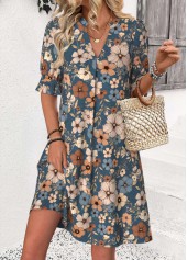 Multi Color Floral Print Half Sleeve Split Neck Dress