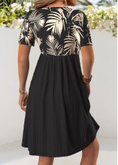 Black Leaf Print Short V Neck Dress | thumb picture 