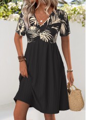 Black Leaf Print Short V Neck Dress | thumb picture 